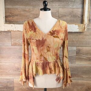 Dress U by Sharon Boho Fairycore Crinkle Floral Bell Sleeve V-Neck Top Size Med